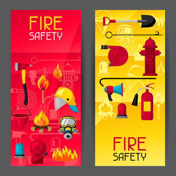 Banners with firefighting items. Fire protection equipment