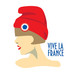 Minimalist greeting card design for The Bastille Day, French National Day. Text in French Long Life France. A girl with red hat known also as Phrygian cap or liberty cap with tricolor cockade on. 
