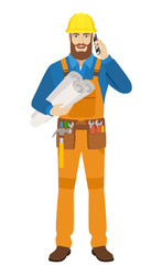 Worker holding the project plans and talking on the mobile phone