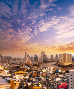 cityscape Bangkok skyline in sunset / sun rise background, Bangkok city is modern metropolis of Thailand and favorite of tourists © lukyeee_nuttawut