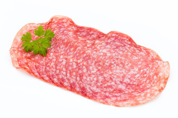 Salami smoked sausage slices isolated on white background cutout.
