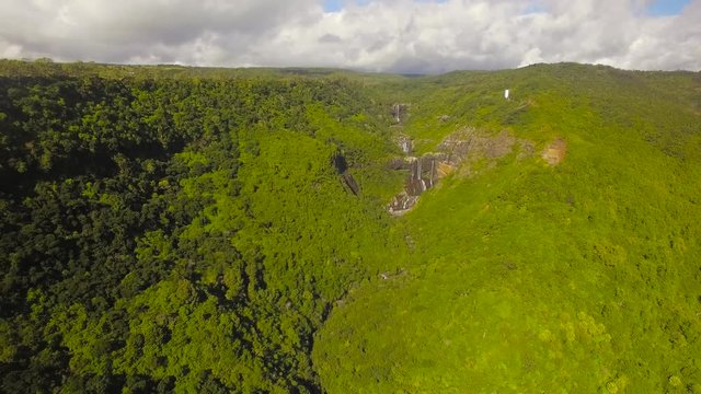 4K UHD Top down aerial video of Tamarin Falls Waterfall (Seven Cascades) - Mauritius, Curepipe, near Black River Gorge National Park