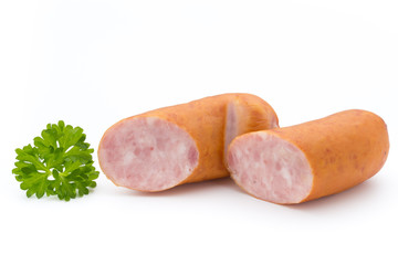 Sausage and spices isolated on white background, fresh delicious frankfurter.