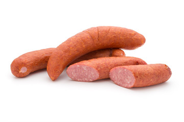 Smoked sausage on a white background.
