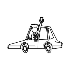 Naklejka na ściany i meble man with smartphone drive car sedan transport line vector illustration