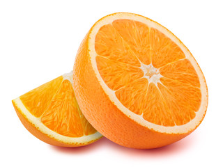 Perfectly retouched half of the orange with slice isolated on white background with clipping path