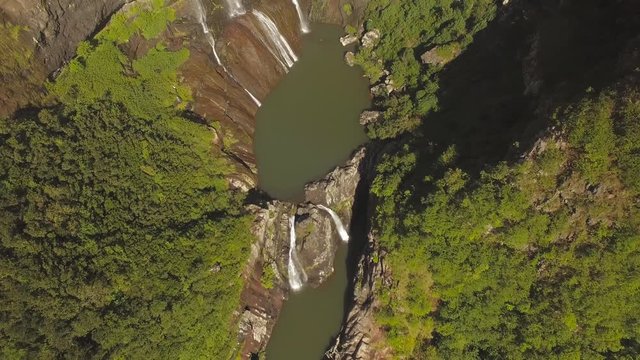 4K UHD Top down aerial video of Tamarin Falls Waterfall (Seven Cascades) - Mauritius, Curepipe, near Black River Gorge National Park