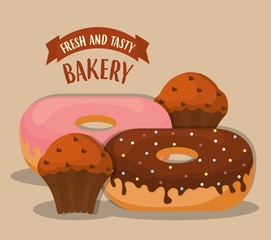 donuts and muffin icon. bakery products concept. colorful design. vector illustration