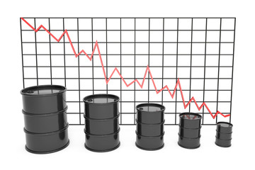 3d illustration: Black barrels of oil graph chart stock market  with red line arrow on a grid.  Petroleum business, black gold, gasoline production. Purchase sale, auction, exchange. Profit decrease. 