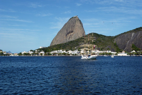 Large sailboat anchored in the Bay of Guanabara with the Sugar Loaf in the background