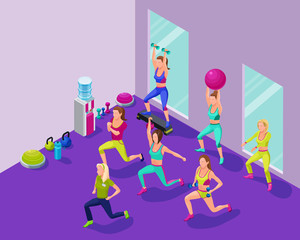 Isometric fitness illustration with group of girls and trainer a