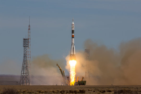 Baikonur, Kazakhstan - April 20, 2017: Launch of the spaceship "Soyuz MS-04" to ISS with shortened crew 