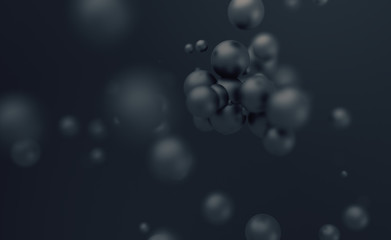 Abstract 3d rendering of chaotic spheres. Flying particles in empty space. Dynamic shape. Futuristic background with bokeh, depth of field effect. Design for poster, banner, placard.