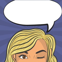 pop art woman with speech bubble icon over blue background. colorful design. vector illustration