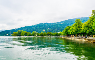 View of a lakeside promenade of the Austrian city Bregenz