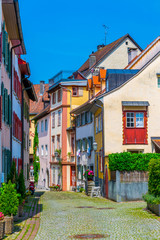 View of a narrow street in the old town of Bregenz, Austria.