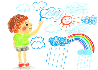 boy drawing cloud sun and rainbow ' oil pastel illustration