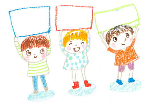 kids holding blank board , oil pastel drawing illustration