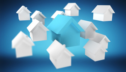 3D rendered small white and blue houses