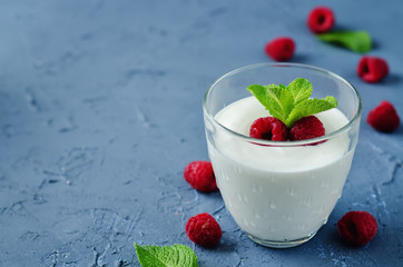 Greek yogurt with fresh raspberries and mint