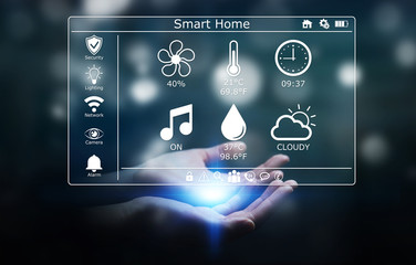 Businesswoman using smart home digital interface 3D rendering