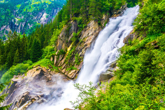 View of the Krimml Waterfall which is the highest waterfall in Austria.