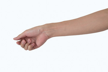 Man hand holding something like a business card isolated on white background