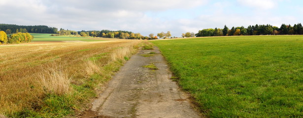 bunte Herbstlandschaft mit Weg zwischen Wederath und der B50 im Hunsrück

