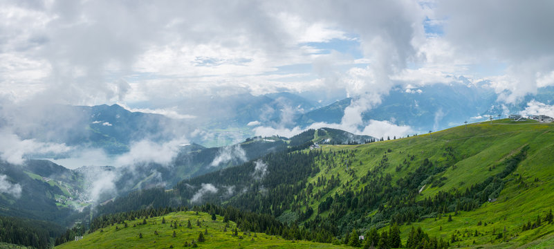 Aerial view of the zeller lake and zell am see town from the upper statioon of the schmittenhohe cable car in Austria.