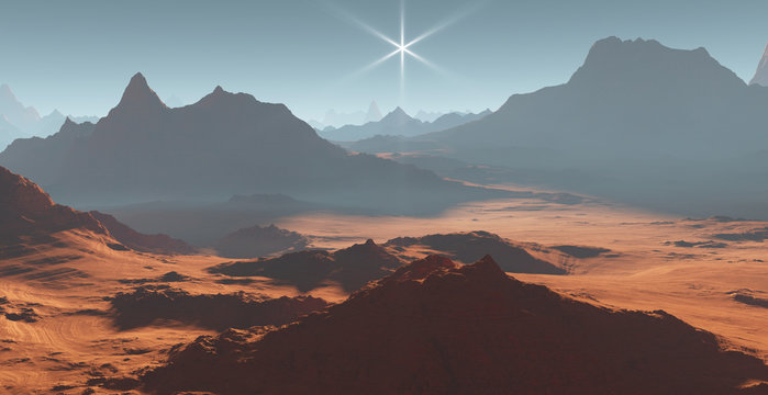Sunset on Mars. Martian landscape. 3D illustration