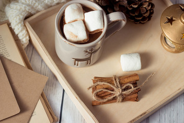Christmas mood. Cozy Christmas breakfast. Plaid, a tray, a mug of hot cocoa, marshmallows. The book and Christmas card.