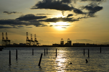 Obraz premium Morning panorama scene of seaport container cargo freight