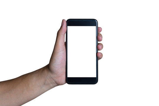 Man's hand shows mobile smartphone with green screen