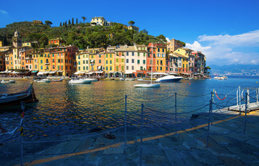PORTOFINO, ITALY, APRIL 8, 2017 - View of Portofino, an Italian fishing village, Genoa province, Italy. A tourist place with a picturesque harbour and colorful houses