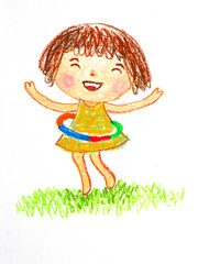 girl playing hulahoop ,oil pastel drawing illustration
