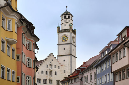 Old tower Blaserturm and the historic houses of Ravensburg, Baden-Wurttemberg, Germany.