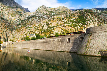 Mountains and fortification view in Kotor, Bay of Kotor, Montenegro. Old town on Adriatic Sea coast