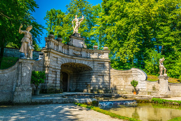 View of a trick fountain situated in a public park near the Hellbrunn Palace, Salzburg, Austria.