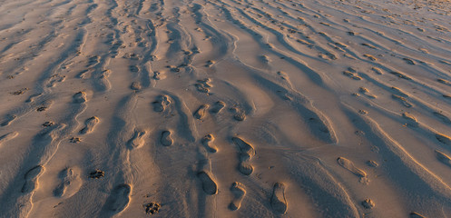 Footprints in the beach sand at sunset panorama
