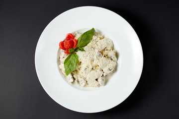Fettuccine with chicken and mushrooms. Italian style. Italian food. Italian cuisine.