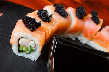 Salmon sushi rolls with shrimps