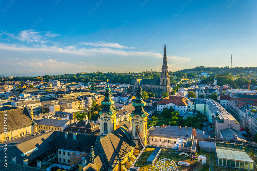 Sticker Linz Cityscape with New Cathedral and Church of the Ursulines, Austria