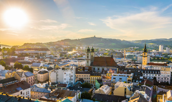 Aerial view of the Austrian city Linz including the old Cathedral, schlossmusem and the postlingberg basilica.