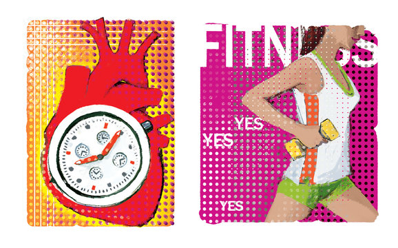 Cardio; A set of two illustrations about cardio. An anatomical image of the heart with a stylized stopwatch inside. Girl with dumbbell in right hand. On an ornamental background