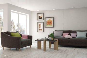 White modern room with sofa. Scandinavian interior design. 3D illustration