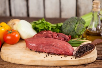 Beef steak on wooden board with ingredients