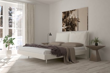 White modern bedroom. Scandinavian interior design. 3D illustration