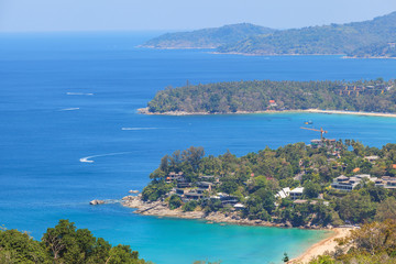 Naklejka na ściany i meble Landscape of Karon and Kata Beaches with blue sky background at Phuket, Thailand.