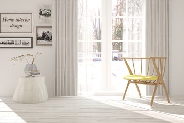 White room with armchair and winter landscape in window. Scandinavian interior design. 3D illustration