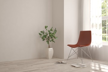 White room with chair and green landscape in window. Scandinavian interior design. 3D illustration